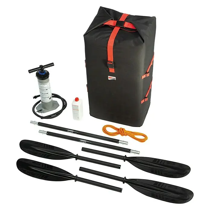 Grabner Zubehör-Set Standard - Passend für: Grabner Boote Tramper/Holiday 2/Holiday 3/Mega, 6 -tlg. - Komplettes Kajak-Set mit Paddeln, Pumpe und Aufbewahrungstasche. Ideal für Outdoor-Abenteuer und Wassersport.