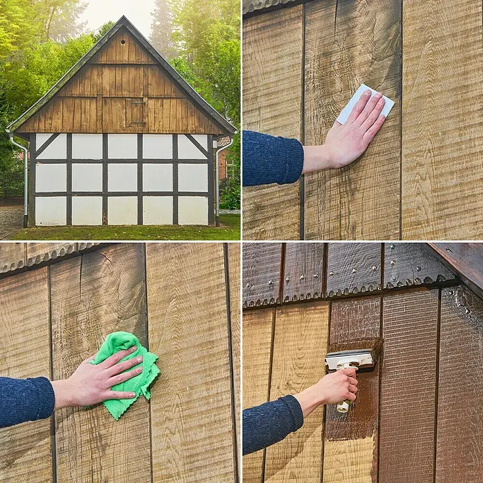 swingcolor Premium Holzlasur - Farblos, 750 ml, Seidenglänzend - Bild von Renovierungsarbeiten an einem Holzhaus. Das Holz wird gereinigt, poliert und mit einer Schutzschicht versehen.