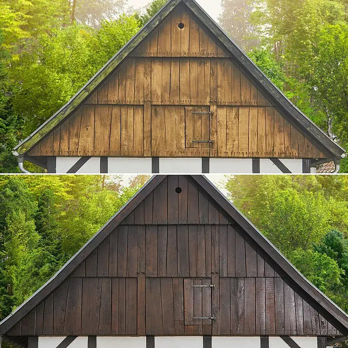 swingcolor Premium Holzlasur - Kastanie, 750 ml, Seidenglänzend - Hausgiebel vor (oben) und nach (unten) der Holzbehandlung, präsentiert das renovierte Aussehen und den Schutz des Holzes.
