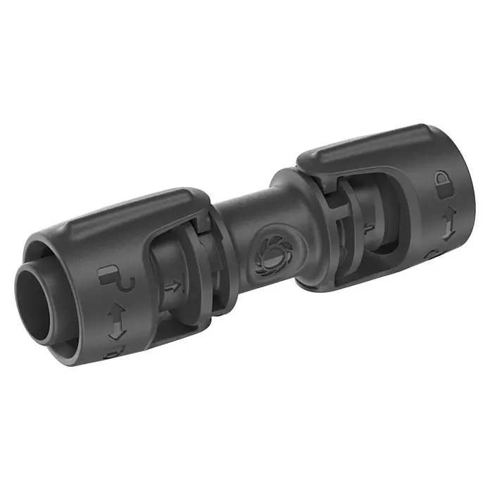 Gardena Micro-Drip Conector - ½″, 5 ud. - Primer plano de un conector de manguera negro con mecanismo de bloqueo e indicadores de dirección. Instalación segura.