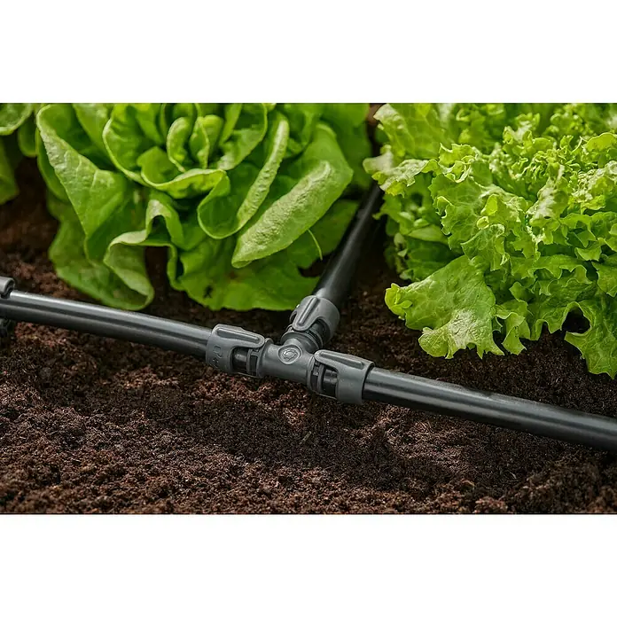 Gardena Micro-Drip Pieza T - 1/2" x 13 mm, 5 ud. - Primer plano de una tubería de riego negra con un conector en T entre plantas de lechuga sobre tierra oscura.