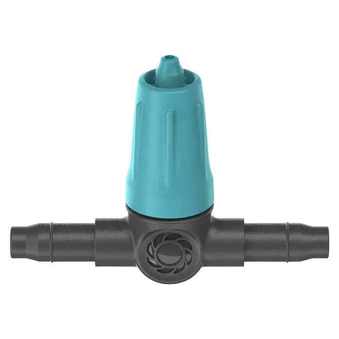 Gardena Micro-Drip Gotero lineal regulable - 15 ud., Caudal de agua máx.: 15 l/h - La imagen muestra una pieza en T con una válvula superior turquesa, utilizada en sistemas de riego.