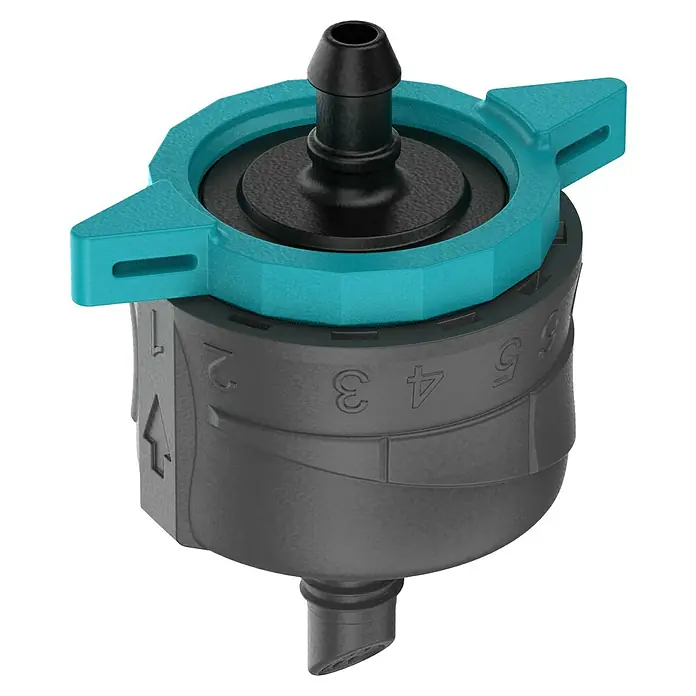 Gardena Micro-Drip Gotero final regulable - 6 ud., 8 l/h - Primer plano de un gotero final ajustable GARDENA para riego preciso de plantas con cantidad de agua ajustable individualmente.