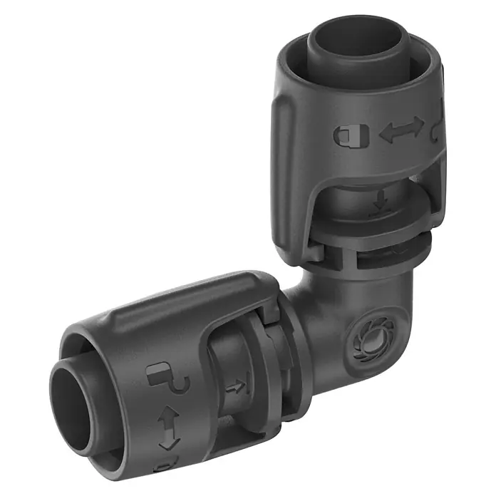 Gardena Micro-Drip Codo - Diámetro: 13 mm - Detalle de un codo Gardena negro con mecanismos de conexión prácticos para una irrigación fácil del jardín.