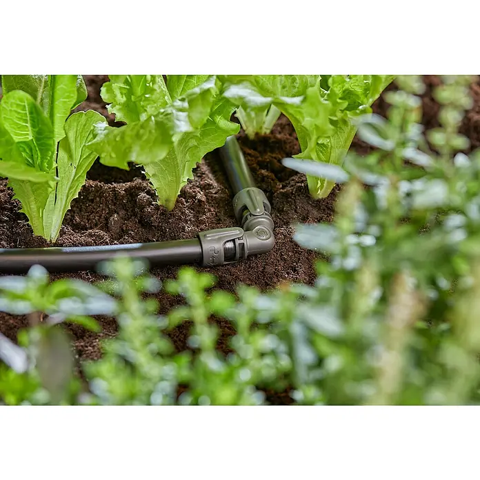 Gardena Micro-Drip Codo - Diámetro: 13 mm - Primer plano de un sistema de riego entre plantas de lechuga, que muestra un riego eficiente del jardín.