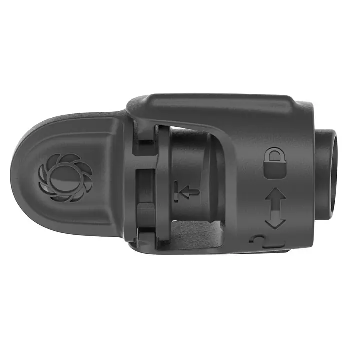 Gardena Micro-Drip Tapón de sellado - 4 ud., ½″ - Vista detallada de un sistema de enganche de remolque de bicicleta negro con mecanismo de bloqueo y flechas direccionales.