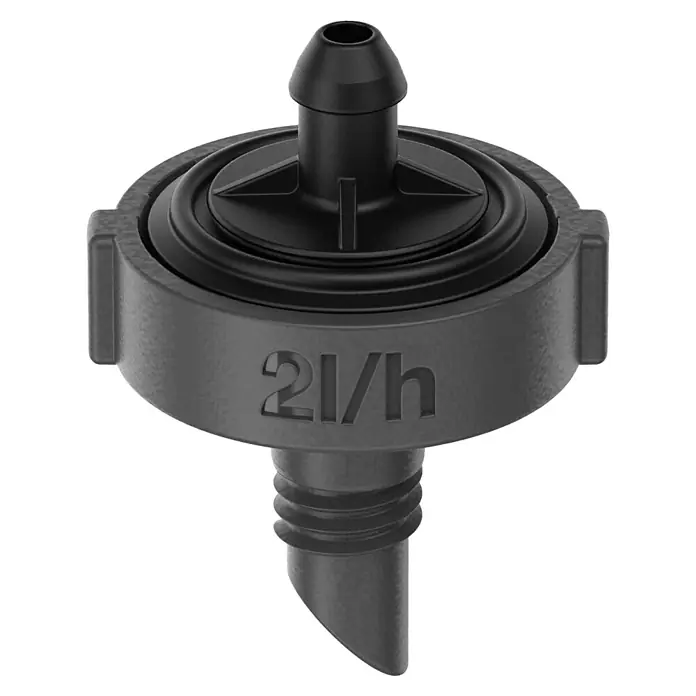 Gardena Micro-Drip Gotero final - 15 ud., 2 l/h - Primer plano de un gotero negro de 2l/h para sistemas de riego.