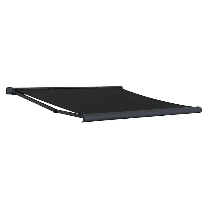 Sunfun Vollkassettenmarkise Elba - Schwarz, Farbe Gestell: Anthrazitgrau, Breite: 5 m, Ausfall: 3,5 m - Bild einer schwarzen Gelenkarmmarkise, die Schatten spendet und vor Sonne schützt, ideal für Terrassen und Balkone.