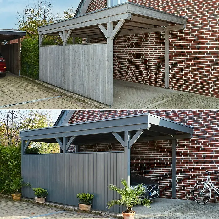swingcolor Holzlasur - Silberholz, 2,5 l, Seidenglänzend - Vorher-Nachher-Vergleich eines Carports.  Der Carport wurde grau gestrichen und mit Pflanzen dekoriert, wodurch er freundlicher wirkt.