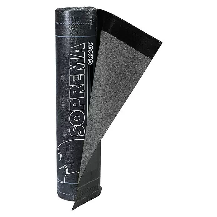 Soprema Lámina asfáltica Morterplas SBS FV - Otros, Gris - Rollo de membrana asfáltica SOPREMA negra con superficie granular, parcialmente desenrollado.