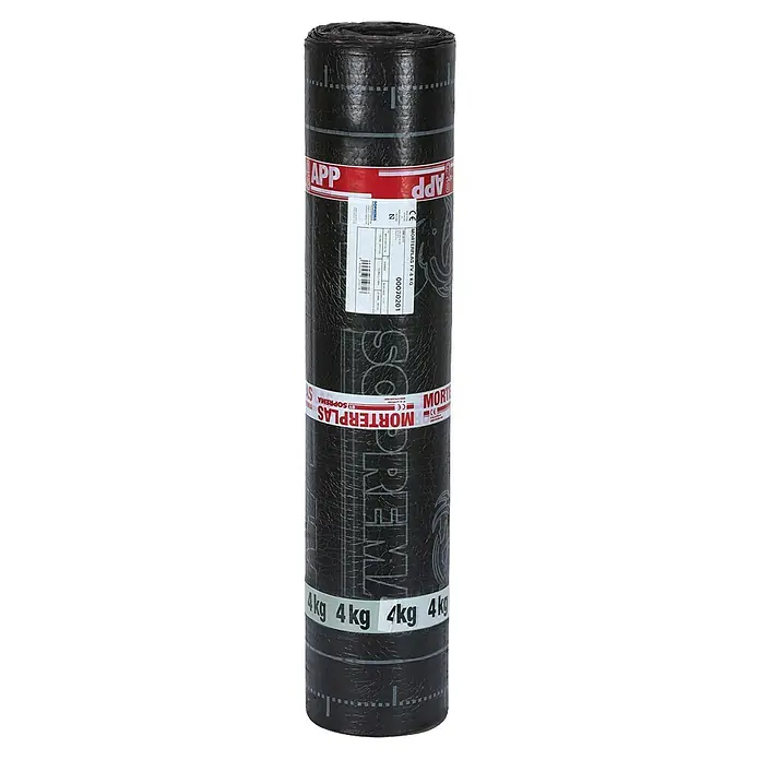 Soprema Lámina asfáltica Moply N Plus - Otros, Negro - Un rollo de tela asfáltica negra Soprema Morterplas FV de 4 kg para impermeabilización en la construcción.