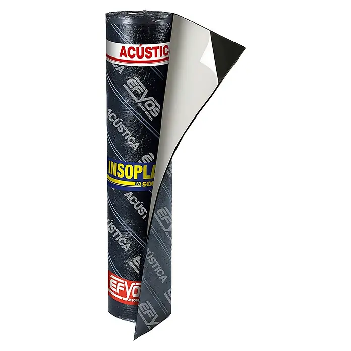 Soprema Lámina asfáltica acústica Insoplast AA 6 kg - Negro, 7 m², An x L: 1 x 7 m - Vista del producto de un rollo de lámina de aislamiento acústico ACOUSTIC de EFYOS ISOPREMA con film protector parcialmente despegado.