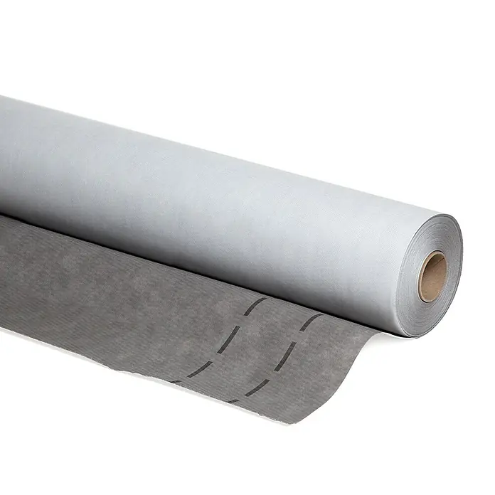 Soprema Lámina flexible para impermeabilización Stratec II F - L x An: 50 x 1,5 m, Poliéster - Un rollo de tela asfáltica con un lado gris y un lado blanco. El lado gris tiene líneas discontinuas.