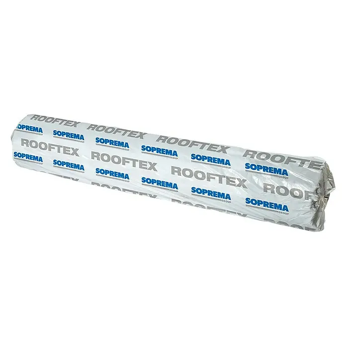 Soprema Lona filtrante Geotextil Rooftex V 120 - 75 x 1,1 m, Poliéster, 120 gr/m2 - Un rollo de ROOFTEX SOPREMA, un producto impermeabilizante de alta calidad para techos, envuelto en film protector transparente.