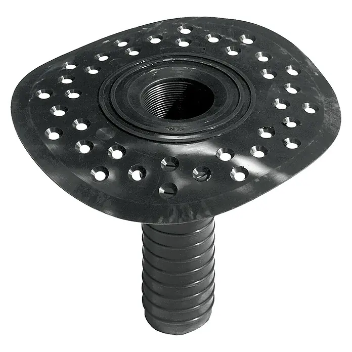 Soprema Cazoleta - Apto para: Desagüe, Diámetro: 110 mm - Vista detallada de un desagüe de techo negro con agujeros y conexión roscada para un drenaje eficiente del agua.