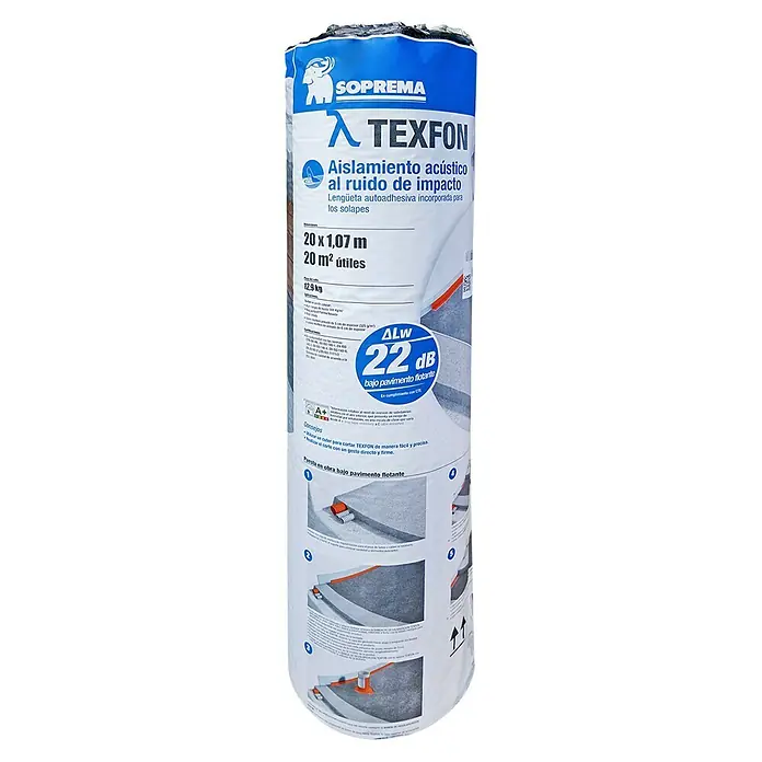 Soprema Lámina de aislamiento acústico Texfon - Gris, 13 kg, 20 x 1,07 m - Rollo de aislamiento acústico Texfon de Soprema, ideal para suelos flotantes, reduce el ruido en 22 dB.