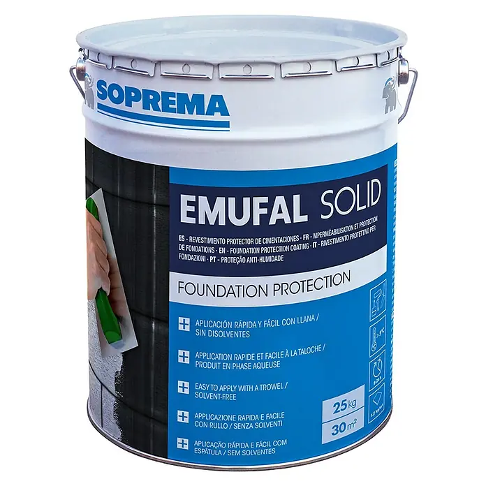 Soprema Revestimiento asfáltico Emufal Solid - 25 kg - Cubo de protección de cimientos Emufal Solid de Soprema. Fácil aplicación con llana, sin disolventes, ideal para la protección contra la humedad.