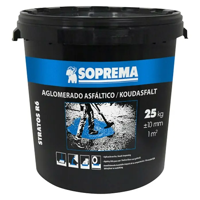 Soprema Revestimiento asfáltico aglomerado - 25 kg, Negro - Cubo negro de Soprema Koudasfalt, un asfalto de reparación flexible e impermeable, sin disolventes, listo para usar y de aplicación en frío.