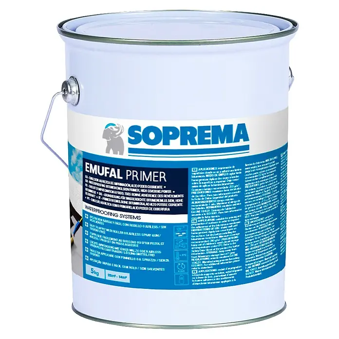 Soprema Revestimiento asfáltico Emufal Primer - 5 kg - Bote de Emufal Primer de Soprema. Imprimación para sistemas impermeabilizantes, fácil de aplicar con rodillo o pulverizador y sin disolventes.