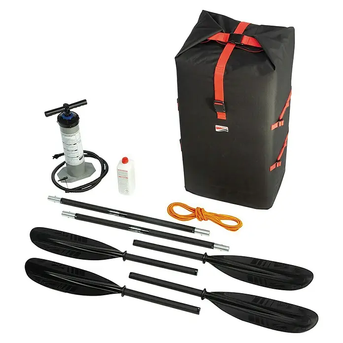 Grabner Kajak Amigo - L x B: 375 x 80 cm, Nutzlast: 190 kg, Geeignet für: 2 Personen - Abbildung eines Paddelboots mit Paddeln, Pumpe, Reparaturset und Packsack für ein aufblasbares Kajak.