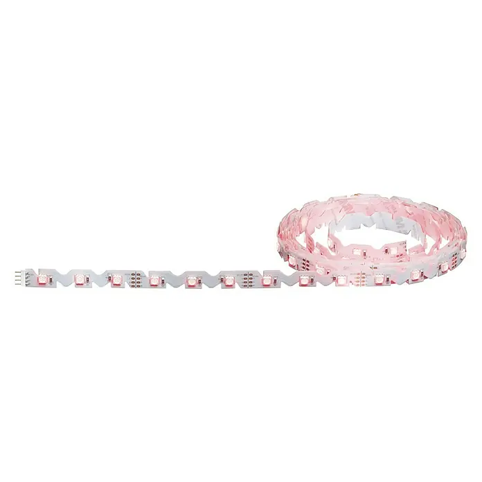 Paulmann LED-Band FlexLED 3D Basisset RGB - Länge: 3 m, Lichtfarbe: RGB, 19 W - LED-Streifen mit roten Lichtern. Die Lichter sind auf einem flexiblen, weißen Band angeordnet und teilweise aufgerollt.