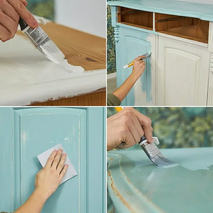 swingcolor Vintage Effektfarbe Möbel-Effektlack - Alabasterweiß, 375 ml, Seidenmatt - Möbelaufbereitung mit Farbe und Schleifpapier: Ein Schrank wird mit Farbe aufgefrischt und anschließend geschliffen, um einen Vintage-Look zu erzielen.