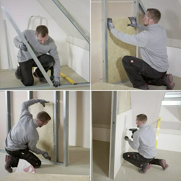 Rockwool Steinwolle Sonorock Trennwandplatte - Stärke: 80 mm, Wärmeleitfähigkeit: 0,04 W/(mK) - Ein Handwerker installiert fachmännisch Dämmplatten in einem Metallständerwerk für Trockenbauarbeiten.
