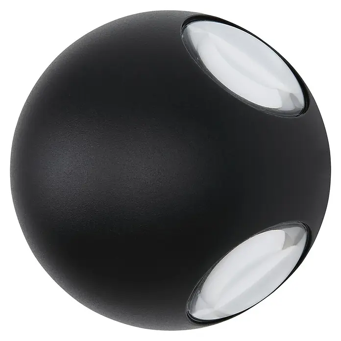 Globo LED-Außenwandleuchte Slice - 4,5 W, 13 x 13 x 10 cm, Schwarz, IP54 - Nahaufnahme einer modernen, schwarzen Kugel-Wandleuchte mit zwei eingelassenen, ovalen, transparenten Lampen, die ein elegantes Design zeigt.