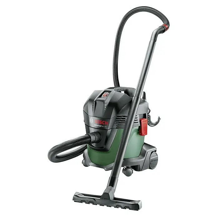 Bosch Elektro-Nass- & Trockensauger UniversalVac 15 - 1.000 W, Max. Unterdruck: 24.000 Pa, 15 l - Abbildung eines Bosch UniversalVac 15 Nass- und Trockensaugers mit Zubehör, ideal für Werkstatt- und Hausarbeiten.