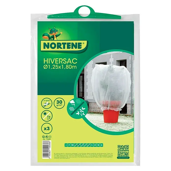 Nortene Protección invernal Hiversac - Blanco - Imagen de una funda protectora de invierno Nortene Hiversac (Ø1,25x1,80m) para plantas. Protege de los rayos UV y pesa 30 g/m².