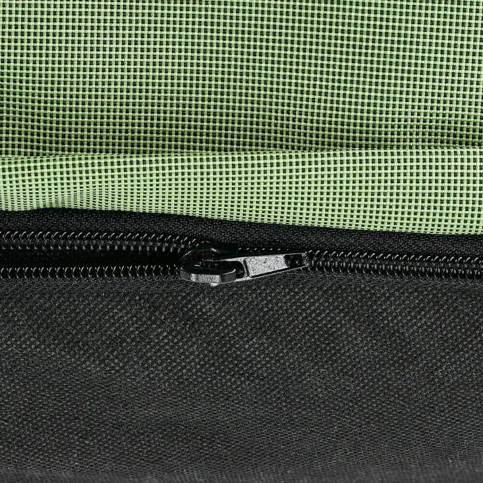 Sitzsack Aufblasbar - 70 x 90 x 70 cm, Grün, 100 % Polyester - Nahaufnahme eines grünen und schwarzen Stoffprodukts mit einem Reißverschluss, der die Textur und die Details hervorhebt.