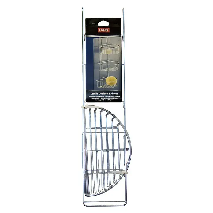 Tatay Cesta de baño angular colgante triple - 15 x 27,5 x 60 cm, Cromo - Foto de un estante de ducha esquinero Tatay con 3 baldas, empaquetado. Práctico para champú y gel de ducha en el baño.