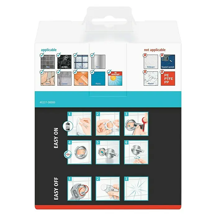 Tesa Smooz Portacepillos - Con soporte, Metal, Cromo satinado - El embalaje muestra las áreas de aplicación e instrucciones de montaje del producto.