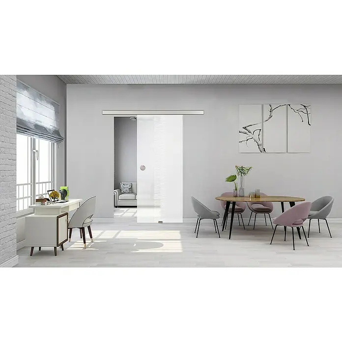 Diamond Doors Glasschiebetür 549 - 935 x 2.058 mm, Einscheibensicherheitsglas (ESG), Milchglas - Helles Interieur mit Schiebetür. Die Schiebetür ist aus Glas und hat ein modernes Design, das den Raum optisch teilt.