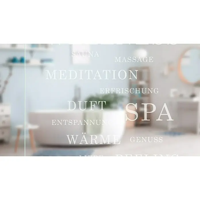 Diamond Doors Glasschiebetür 621 - 935 x 2.058 mm, Einscheibensicherheitsglas (ESG), Klarglas - Bad mit Wörtern zum Thema Wellness, wie Sauna, Massage, Meditation, Duft, Spa, Wärme, Genuss. Eine einladende Atmosphäre für Entspannung.