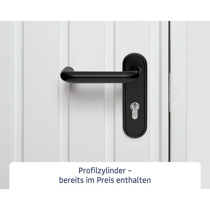 EcoStar Gerätehaus Trend-P Typ 1 - Außenbreite inkl. Dachüberstand: 247,9 cm, Außentiefe inkl. Dachüberstand: 153 cm, Purpurrot, Einzeltür - Schwarzer Türgriff an einer weißen Tür. Profilzylinder ist im Preis enthalten.