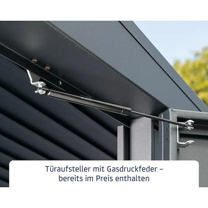 EcoStar Gerätehaus Trend-P Typ 1 - Außenbreite inkl. Dachüberstand: 247,9 cm, Außentiefe inkl. Dachüberstand: 153 cm, Purpurrot, Einzeltür - Bild eines Türarretierungssystems mit Gasdruckfeder.