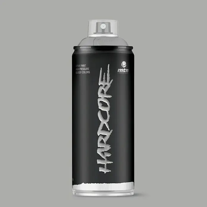 mtn Pintura decorativa en spray Hardcore - Gris perla, Resplandeciente, 400 ml - Pintura en aerosol negra Montana Colors Hardcore, ideal para street art y graffiti. Colores brillantes de alta pigmentación para arte vibrante.