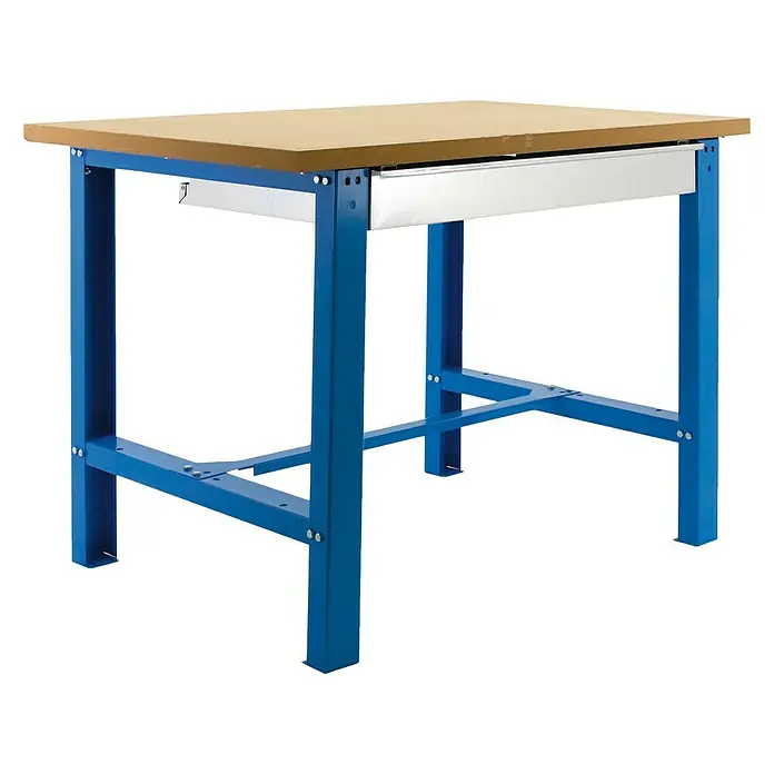 Simonrack Simonwork Banco de trabajo BT6 Box - L x An: 75 x 150 cm, Altura de trabajo: 86,5 cm, Carga soportada: 635 kg, Azul - Una mesa de taller robusta con una superficie de trabajo de color claro y un marco metálico azul resistente, con un cajón para herramientas.