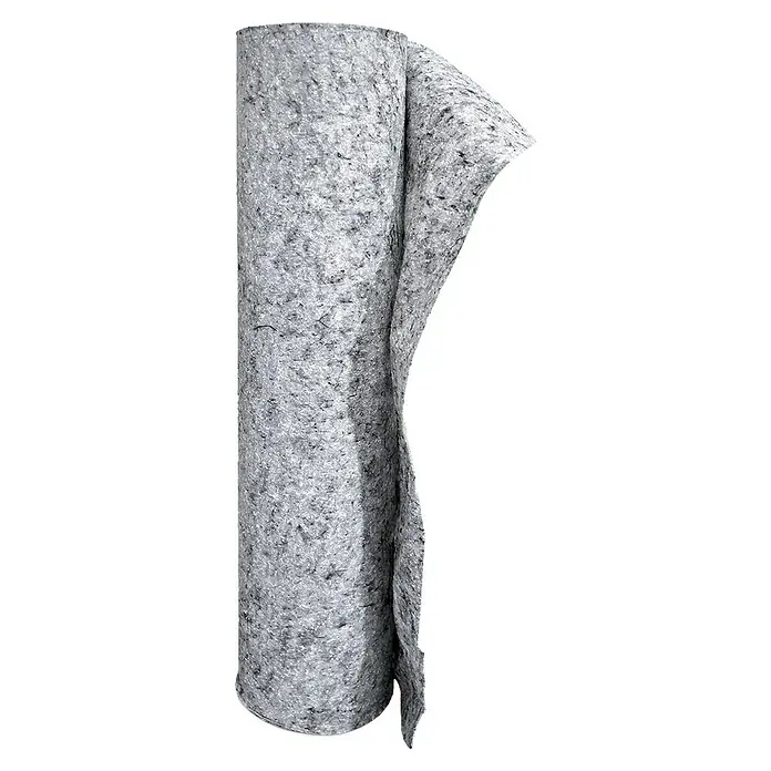 Soprema Lona filtrante Geotextil Rooftex V 120 - 75 x 1,1 m, Poliéster, 120 gr/m2 - Primer plano de un rollo de esterilla acústica gris, ideal para la absorción del sonido y la reducción del ruido en diversos entornos.