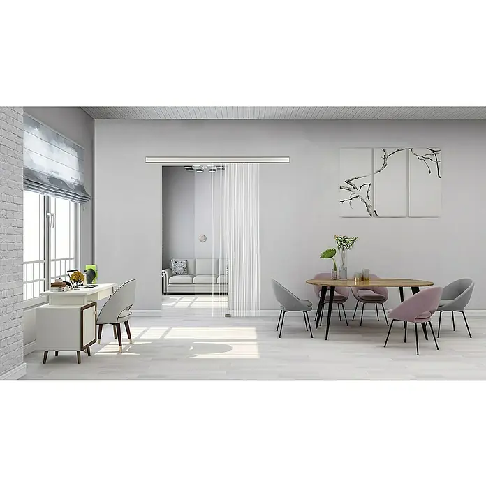 Diamond Doors Glasschiebetür 584 - 935 x 2.058 mm, Einscheibensicherheitsglas (ESG), Klarglas - Helle Inneneinrichtung mit Glastür, die den Wohnbereich vom Essbereich trennt, akzentuiert durch stilvolle Möbel und Kunstwerke.