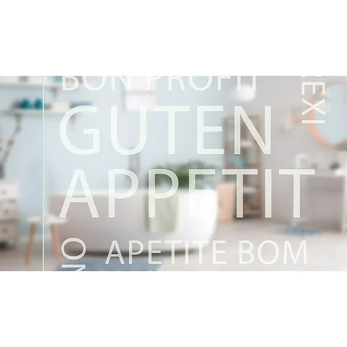 Diamond Doors Glasschiebetür 625 - 935 x 2.058 mm, Einscheibensicherheitsglas (ESG), Klarglas - Elegantes Badezimmer mit stilvoller Badewanne und Pflanzen, dekoriert mit transluzenten "Guten Appetit"-Schriftzügen.