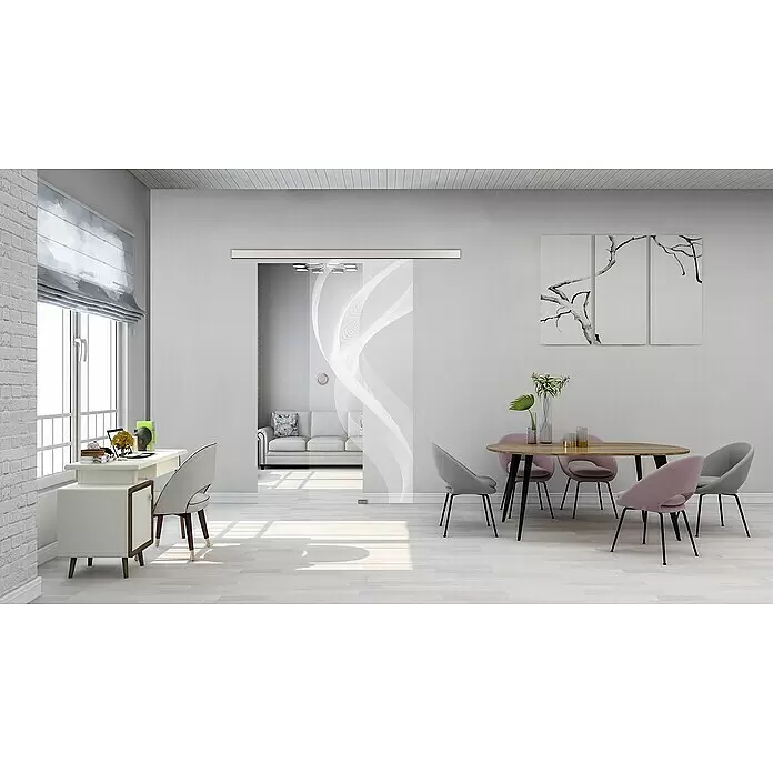 Diamond Doors Glasschiebetür 636 - 935 x 2.058 mm, Einscheibensicherheitsglas (ESG), Klarglas - Eine moderne Glasschiebetür mit Wellenmuster trennt zwei helle Räume.