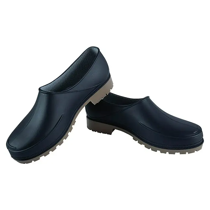 Gartenschuhe Galosche - Schuhgröße: 41, Blau - Ein Paar dunkelblaue Gartenschuhe mit robuster Sohle, ideal für den Einsatz im Freien und Gartenarbeiten. Komfortabel und wetterfest.