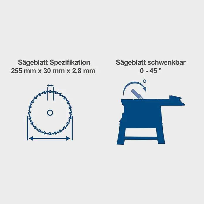 Scheppach Tischkreissäge HS 105 - 2.000 W, Durchmesser Sägeblatt: 255 mm, Schnitttiefe bei 90 °: 75 mm - Produktdarstellung: Sägeblatt Spezifikation 255 mm x 30 mm x 2,8 mm und Sägeblatt schwenkbar 0 - 45 °.