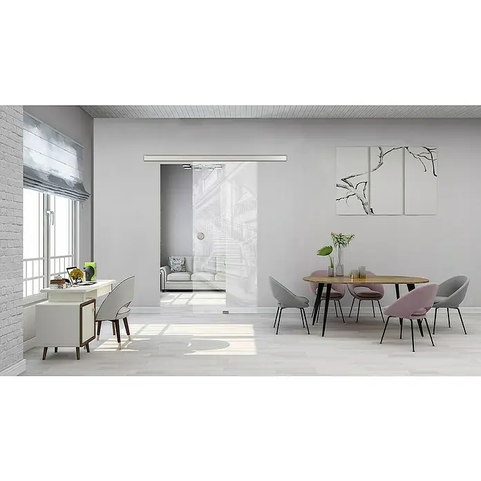 Diamond Doors Glasschiebetür 616 - 935 x 2.058 mm, Einscheibensicherheitsglas (ESG), Klarglas - Ein modernes Interieur mit einer Schiebetür aus Glas, die mit einem Treppenmotiv bedruckt ist, und einem Esstisch mit Stühlen.