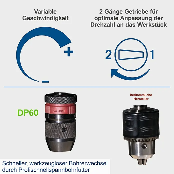 Scheppach Tischbohrmaschine DP 60 - 710 W, Leerlaufdrehzahl: 0 U/min - 2.600 U/min, Spannweite Bohrfutter: 1,5 mm - 13 mm - Abbildung eines DP60 Schnellspannbohrfutters und eines herkömmlichen Bohrfutters.