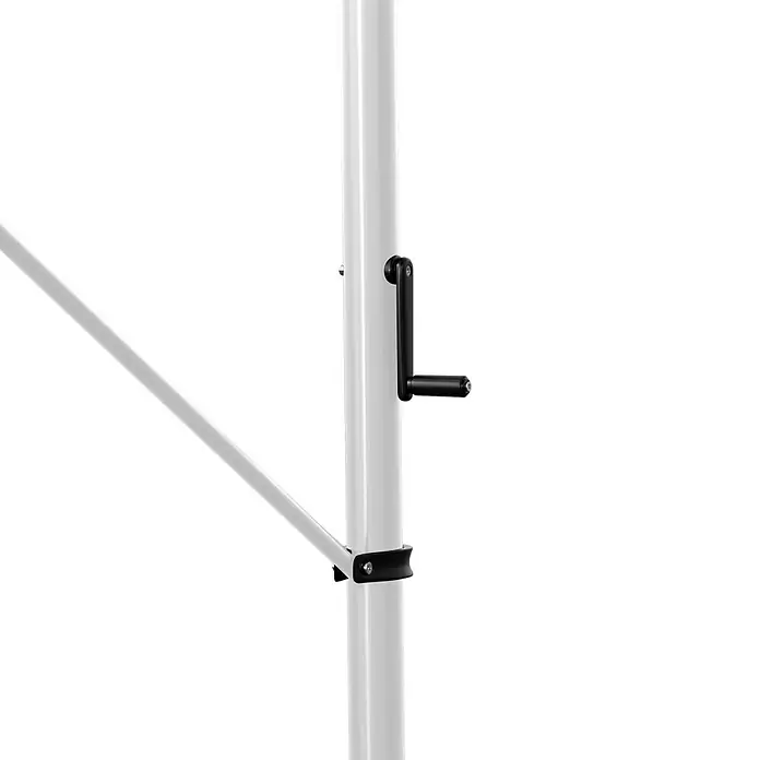 Angerer Klemmmarkise - Blau/Creme, Breite: 4 m, Ausfall: 1,5 m - Detailaufnahme eines weißen Sonnenschirmständers mit schwarzer Kurbel und Befestigungselementen.