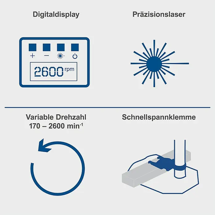 Scheppach Tischbohrmaschine DP 60 - 710 W, Leerlaufdrehzahl: 0 U/min - 2.600 U/min, Spannweite Bohrfutter: 1,5 mm - 13 mm - Abbildung eines Digitaldisplays, Präzisionslasers, variabler Drehzahl und einer Schnellspannklemme für ein Produkt.