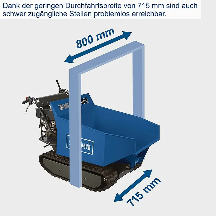 Scheppach Kettendumper DP 5000 - Motorbetrieben, Fassungsvermögen: 125 l, Traglast: 500 kg - Abbildung eines Scheppach Mini-Transporters mit den Maßen 800 mm in der Höhe und 715 mm in der Breite.